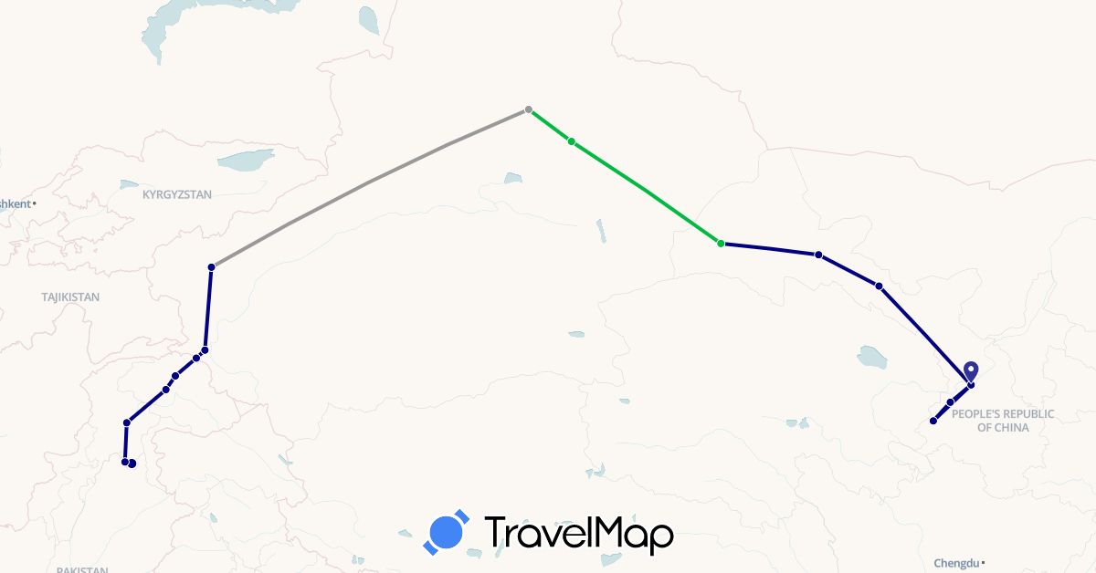 TravelMap itinerary: driving, bus, plane in China, Pakistan (Asia)